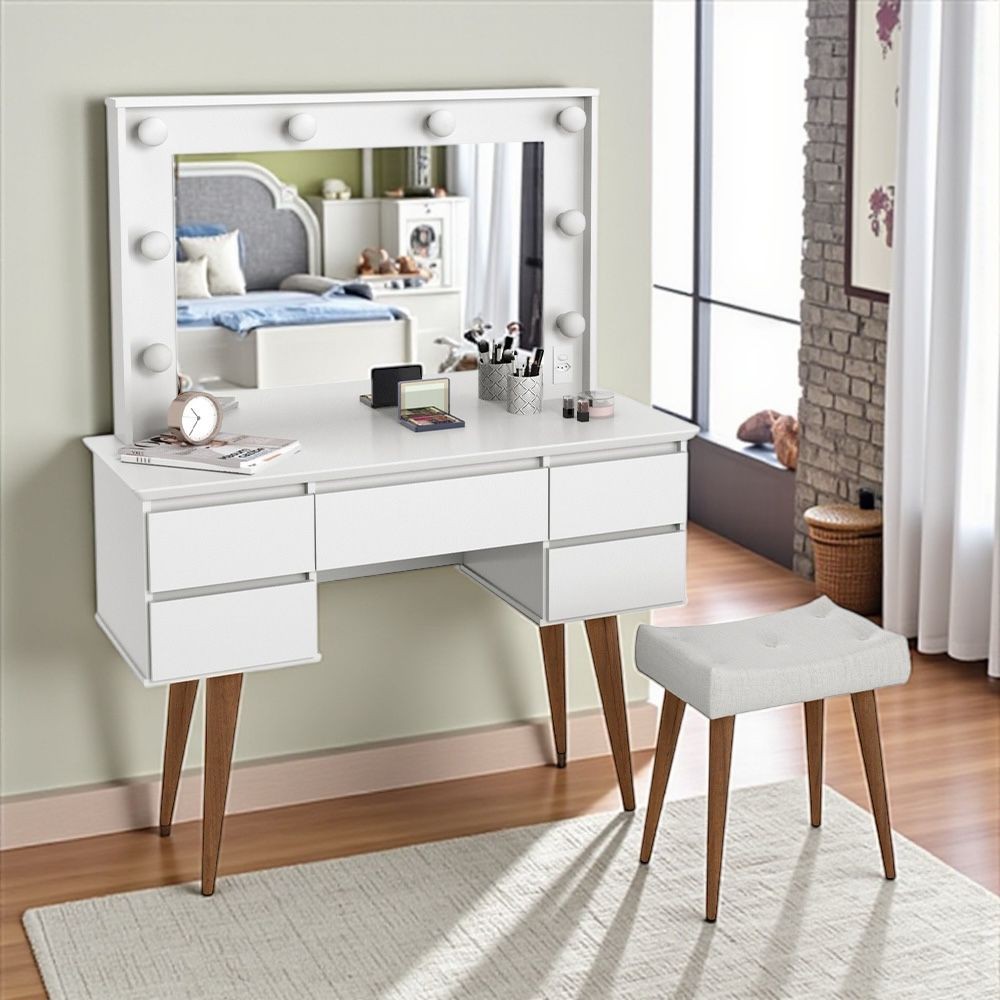 Penteadeira Camarim Strass Retro Com Banqueta 5 Gavetas -Espelho -Tomada- Branco -Patrimar