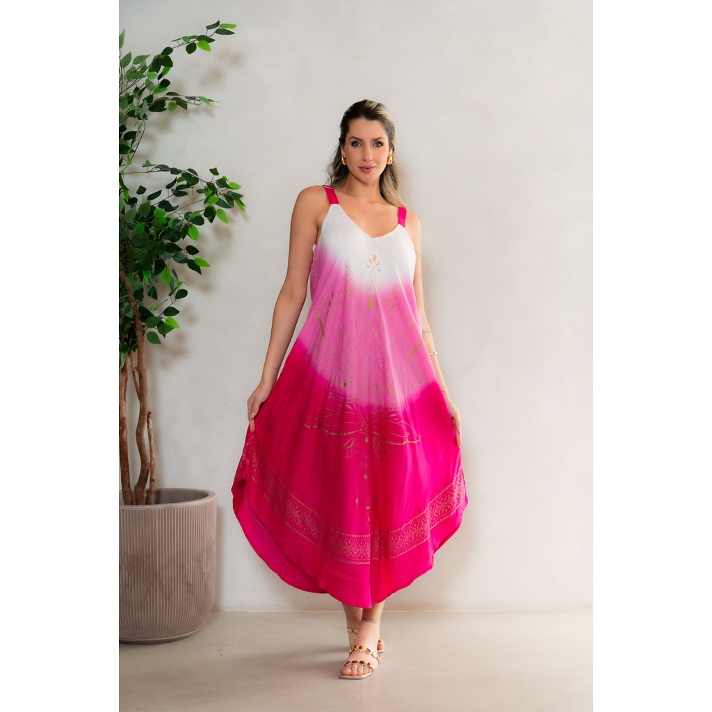 Vestido Trapézio Midi Boho Chic Degradê Estampado GE00291 em Oferta na Shopee