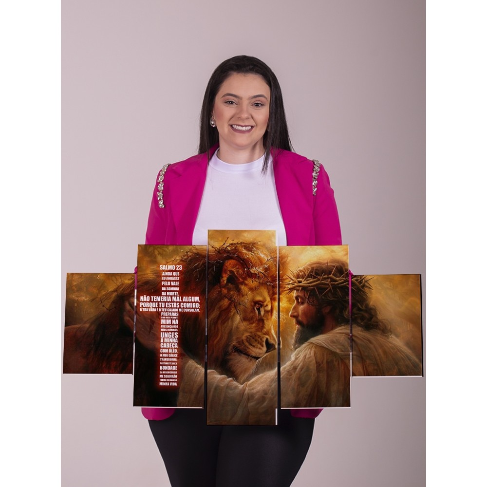 Quadro Decorativo 5 Peças Jesus Cristo e Leão Fé Gratidão Sala Quarto Parede Grande Painel