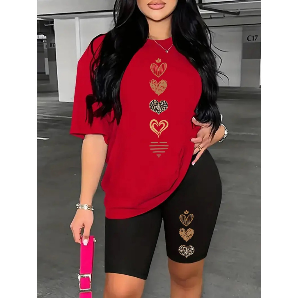 CONJUNTO BERMUDA LEGGINGS+CAMISETA FEMININO ACADEMIA VERSATIL CORAÇÕES