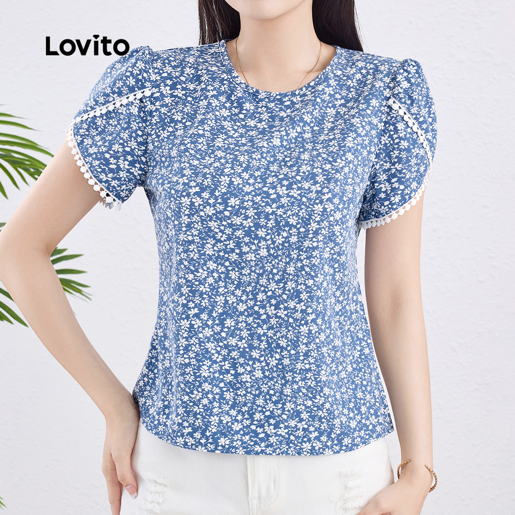 Detalhes do Lovito Blusa Refinada com Babados Florais Azul Feminina para Primavera/Verão Uso Diário L138ED352