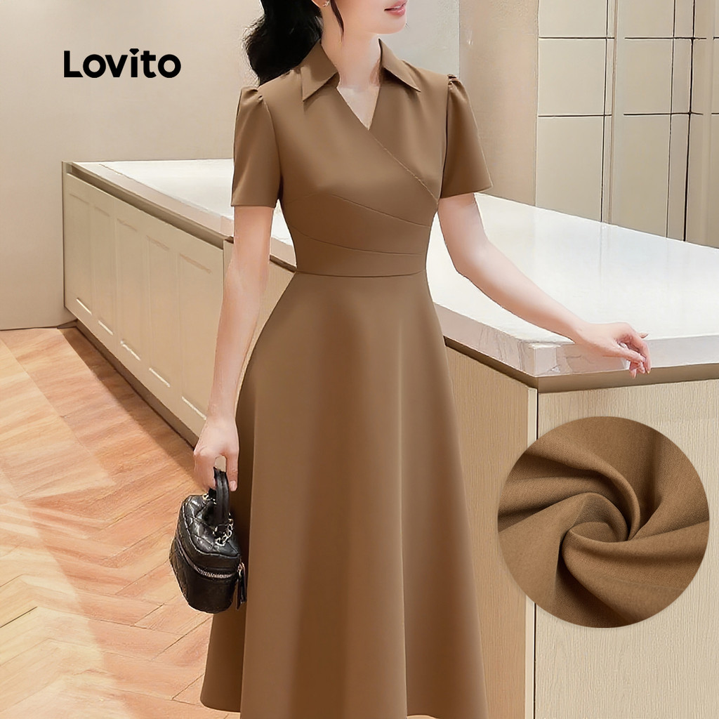 (NEW) Lovito Estrutura Elegante Do Vestido Linha Exquisito Primavera/verão Vestido Caqui para Mulheres L155ED1217 em Oferta na Shopee