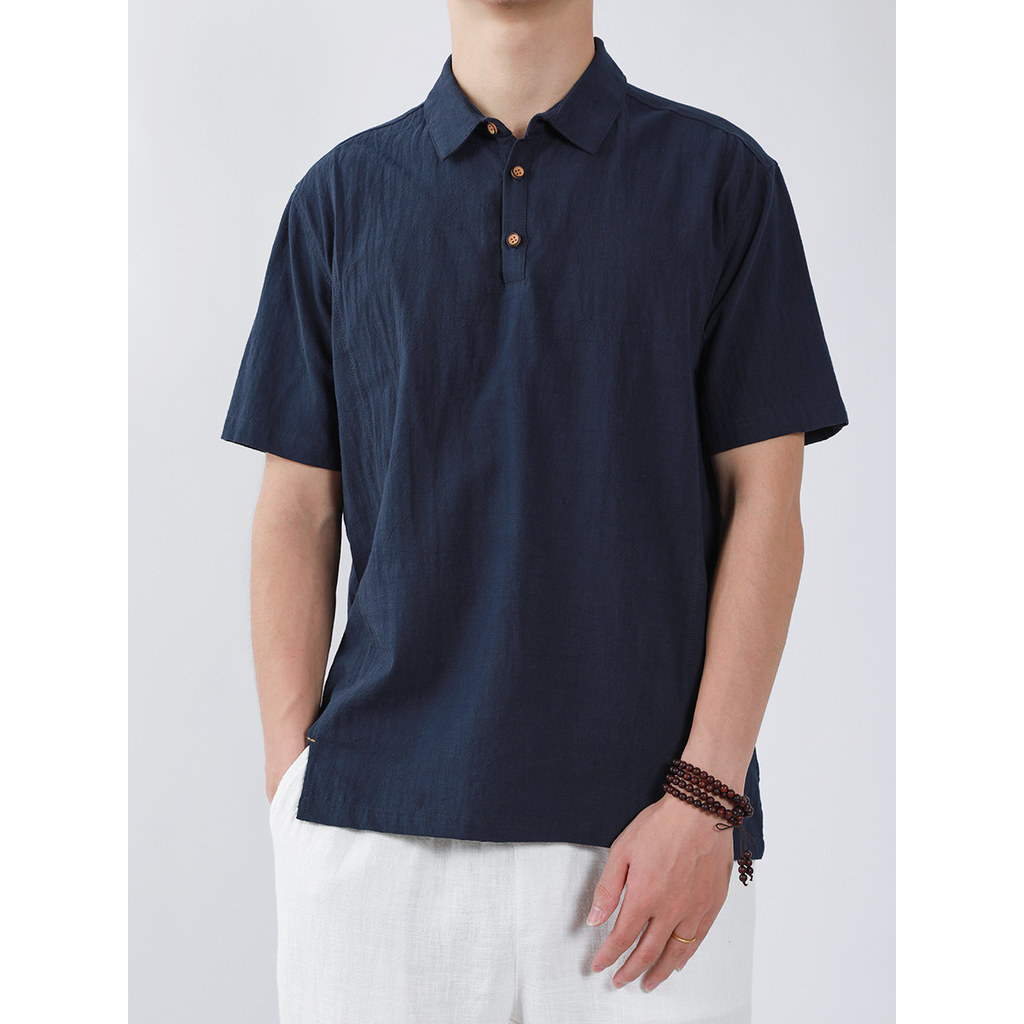 Camisa POLO de manga curta de linho masculina verão simples algodão linho topo meia manga exterior Wear literário Retro