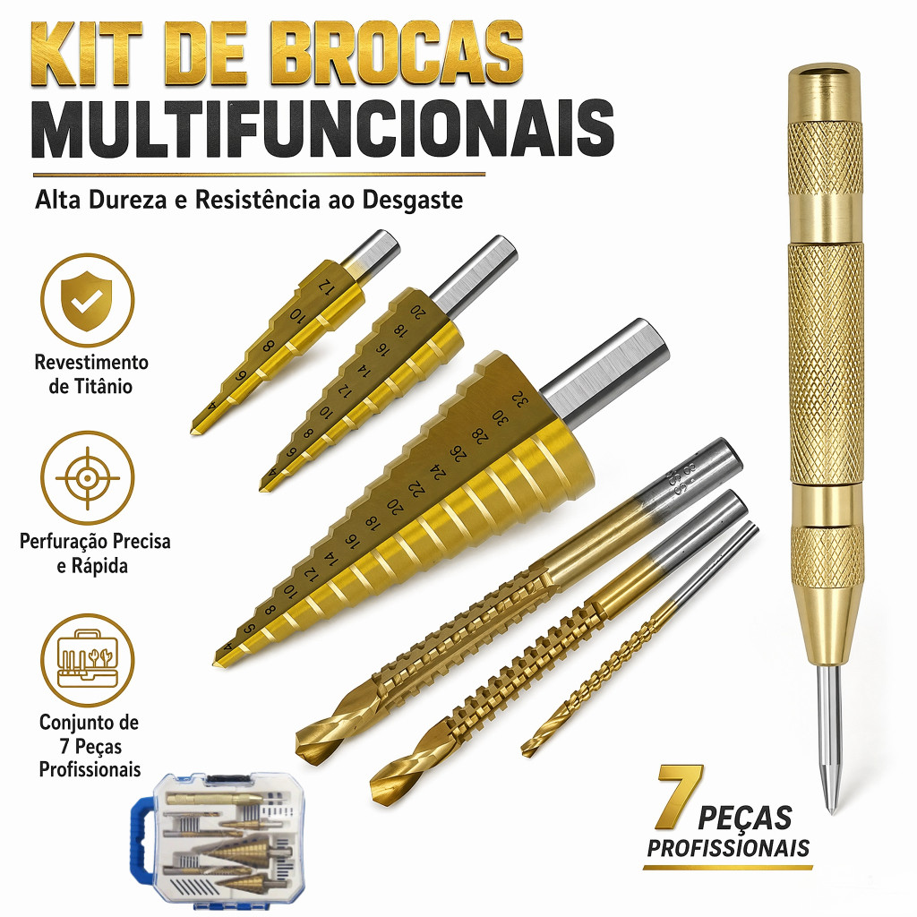 Broca Escalonada Para Metal Alumínio Cobre Com Punção E Estojo Organizador
