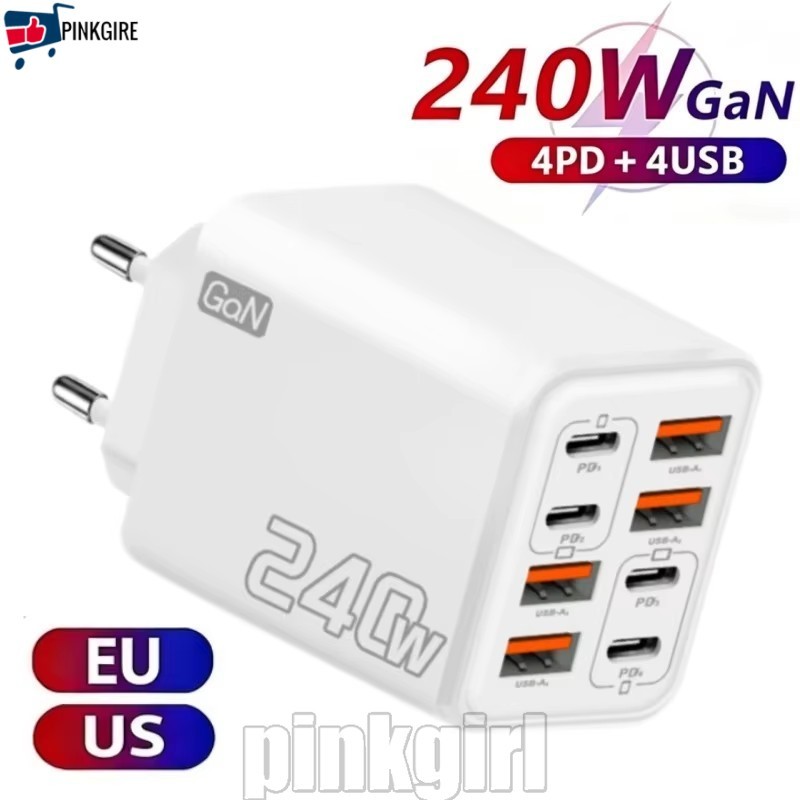 [Rdy Stk] Carregador 8 Em 1 240W 4USB + 4tipo C-Adaptador De Alimentação Para De Telefone De Carregamento Rápido-Parede