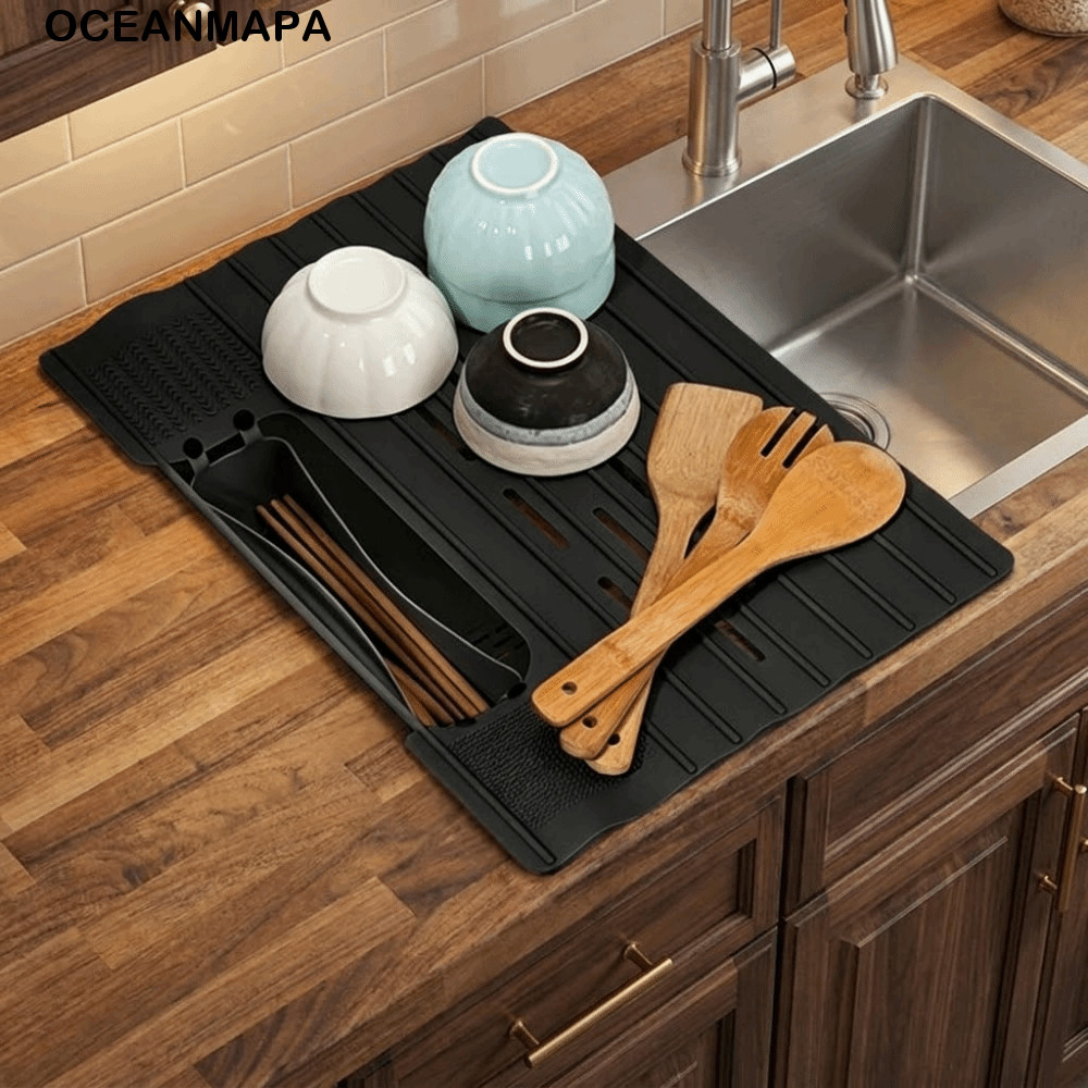 Rack De Armazenamento De Cozinha OCEANMAPA , Secagem De Pratos De Silicone Dobrável , Com Tapete De Escorredor De Pia Qu