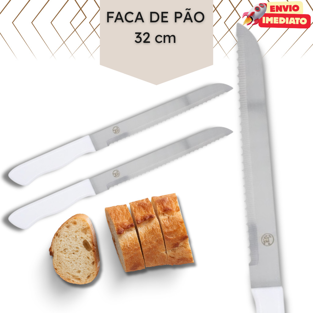 1 ou 2 Facas de Pão 8" 32 cm Faca Rosca Serra Cabo Branco Café Padaria Inox