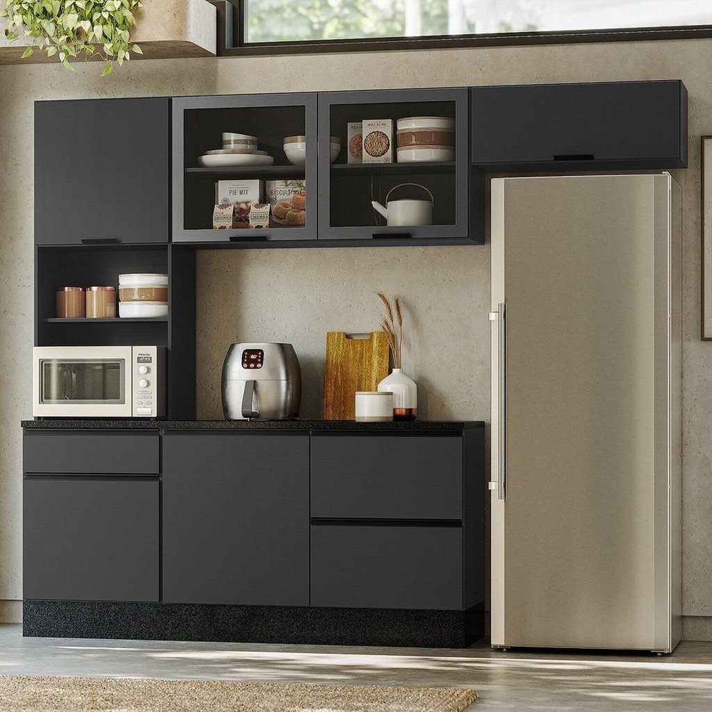 Cozinha Modulada Completa 4 Peças 6 Portas 4 Gavetas com Paneleiro Duplo Etna Preto/Grafite Grafite