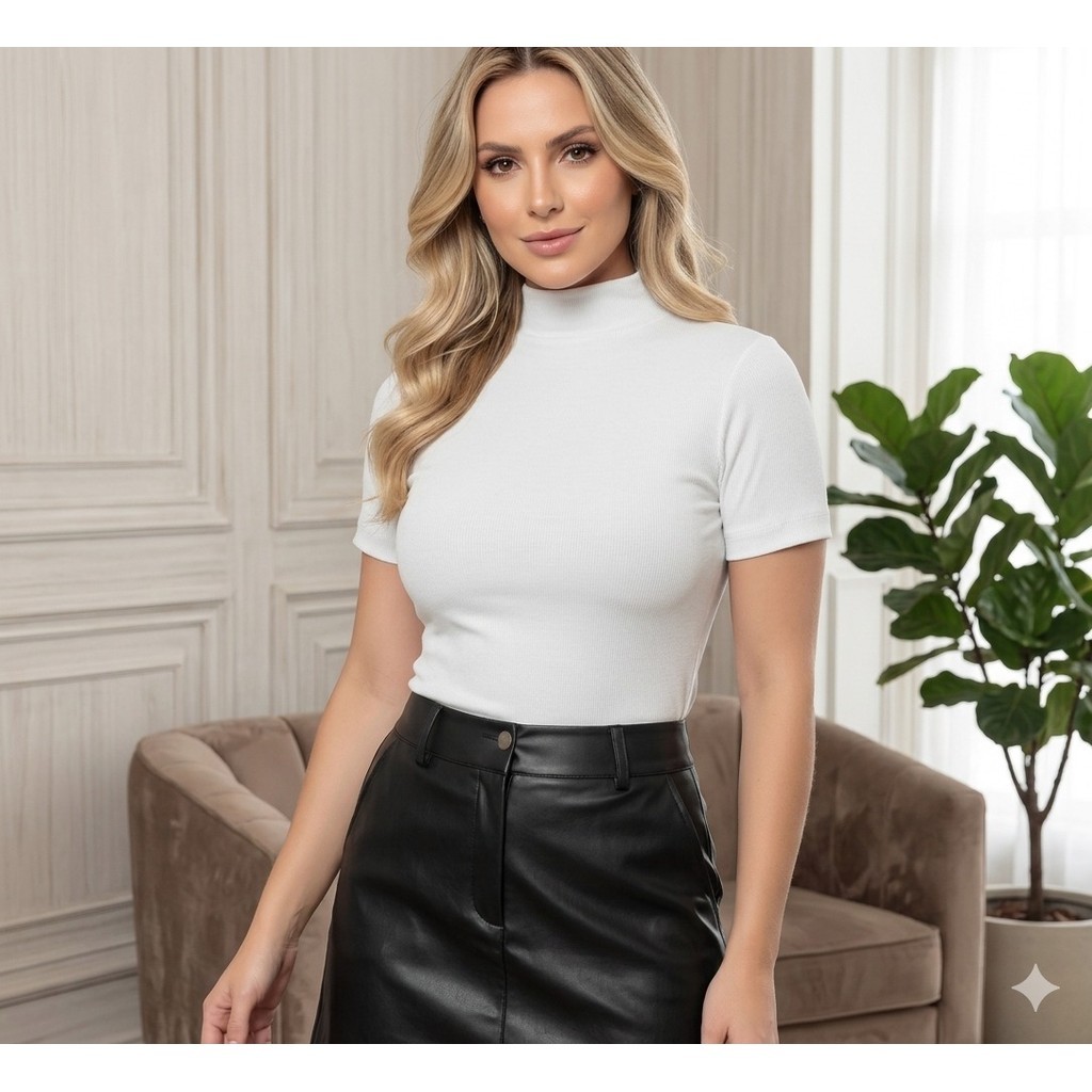 blusa blusinha feminina gola alta manga curta canelada justinha elastano conforto moderno