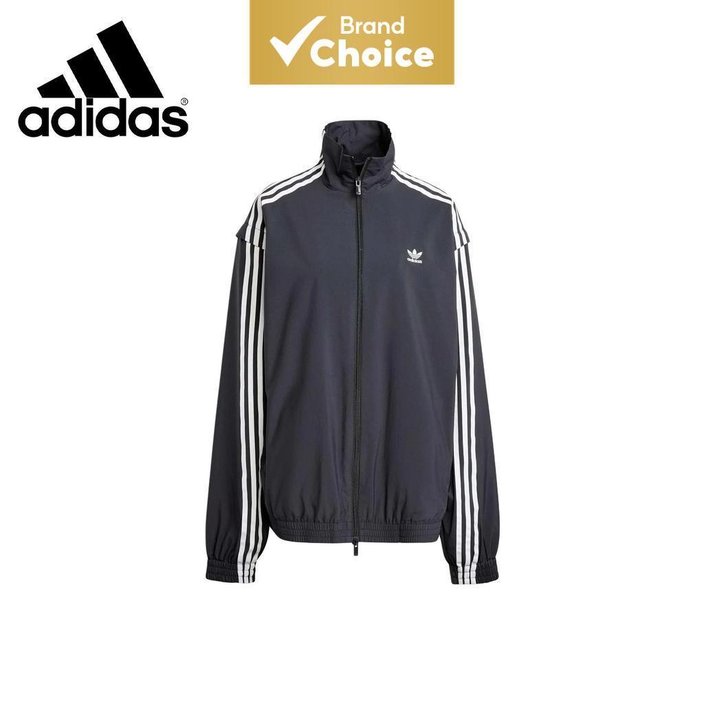 Adidas Originals Jaqueta Longa Versátil Esportiva com Zíper, Gola Alta, Estampa de Logo Retrô e Capuz Removível, Preta