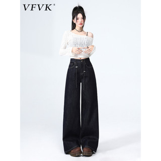 Vfvk Denim azul calças de perna larga feminina 2026 novo estilo primavera americano high Street cordão cintura alta estr