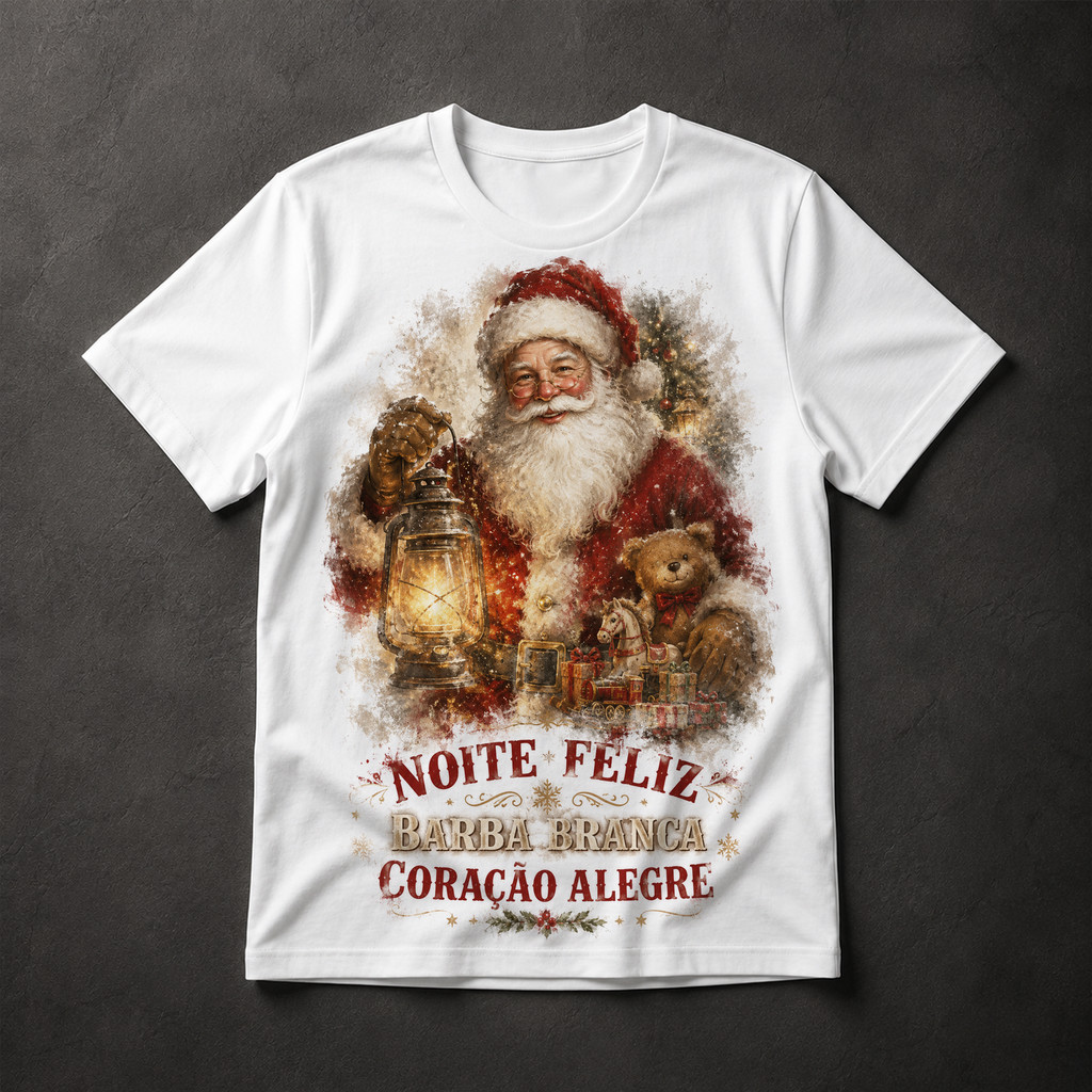Camiseta Papai Noel Vintage Noite Feliz Natal Barba Branca Coração Alegre Masculina