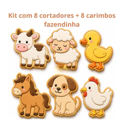 kit 6 cortador de biscoito com marcador carimbo, molde no tema fazendinha, para biscoitos, massinha, lembrancinha