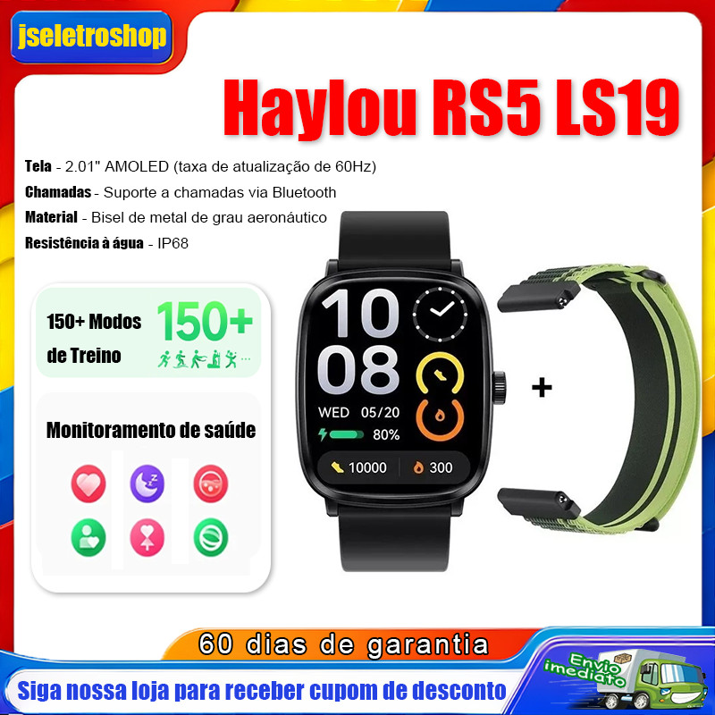 Relógio Smartwatch Haylou RS5 LS19 Tela Amoled 2,01, 150 modos Esportes, Chamadas Bluetooth, pulseira de tecido trançado