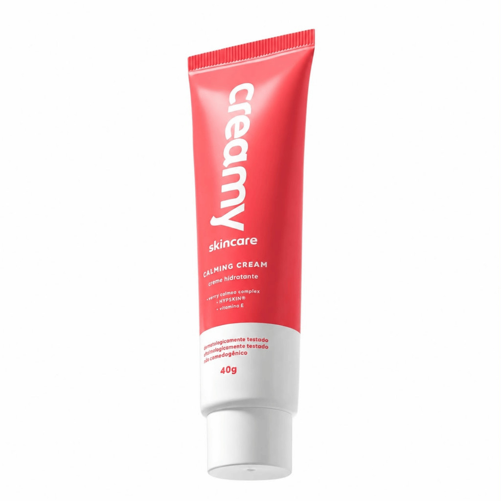 Bisnaga de creme hidratante facial Creamy Calming Cream de 40g em embalagem vermelha e branca em fundo branco