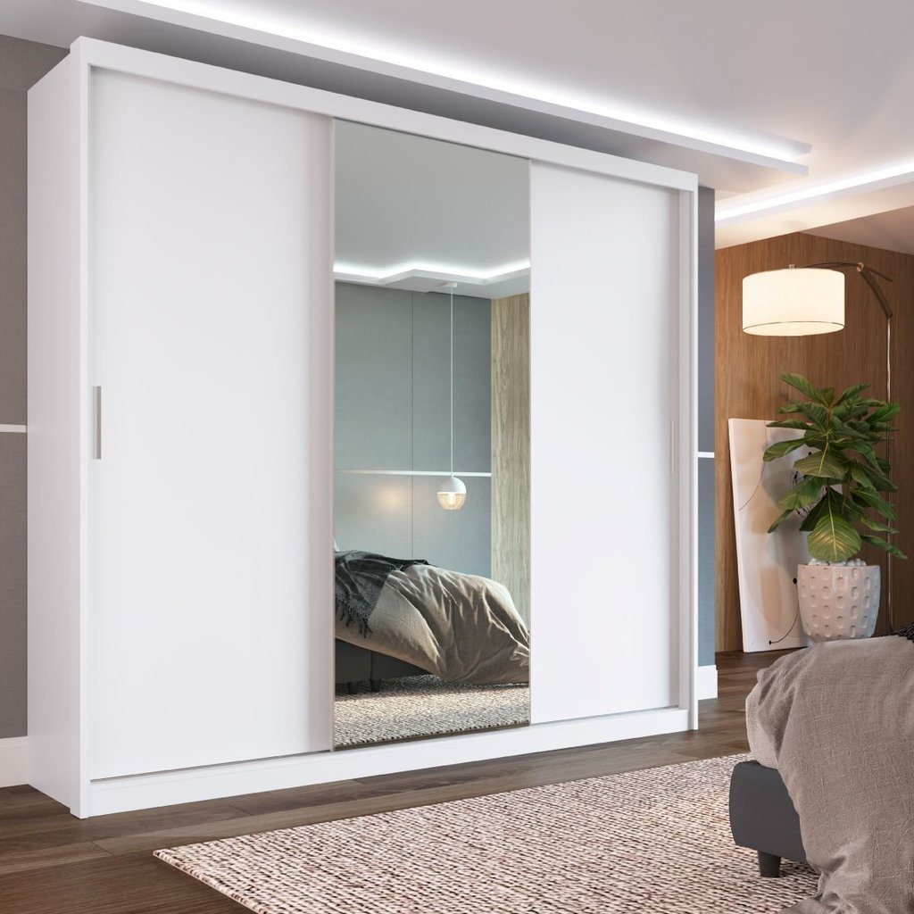 Guarda Roupa Casal com Espelho 3 Portas de Correr 100% MDF London Branco Yescasa Branco