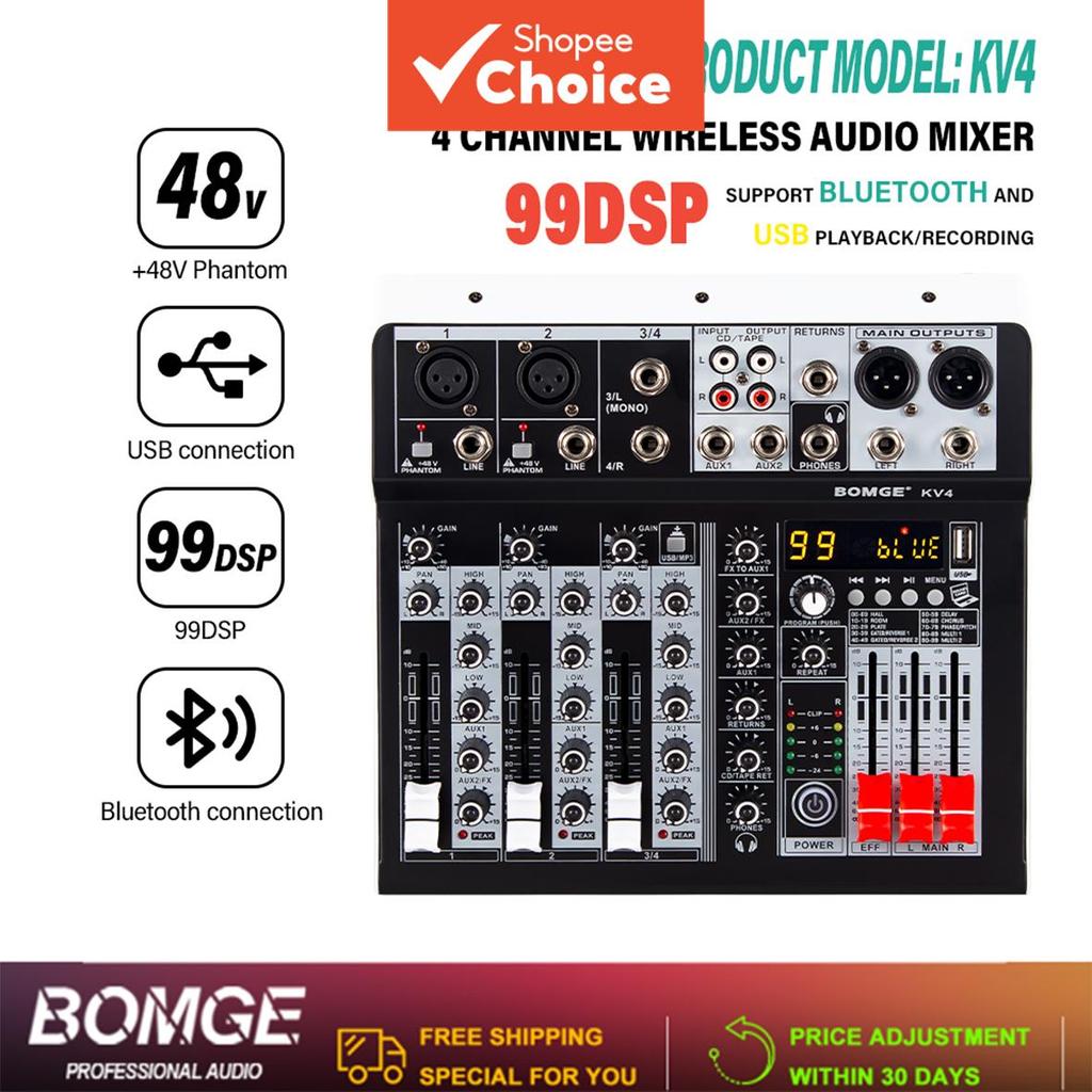 BOMGE KV4 Mesa de Som de 4 Canais Interface de Áudio Console de Mixagem 99 DSP Misturador de Áudio com Efeito de