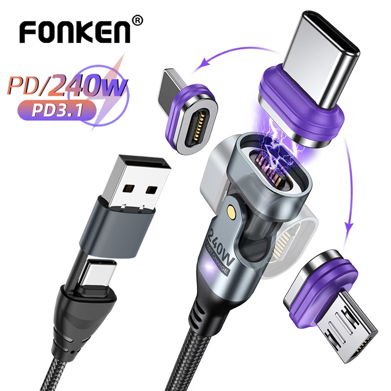Cabo De Carregamento Magnético Fonken 2 Em 1 PD240W USB-A Tipo C Para Micro Type-iOS 180 ° Dados Giratório Tablet De Tel