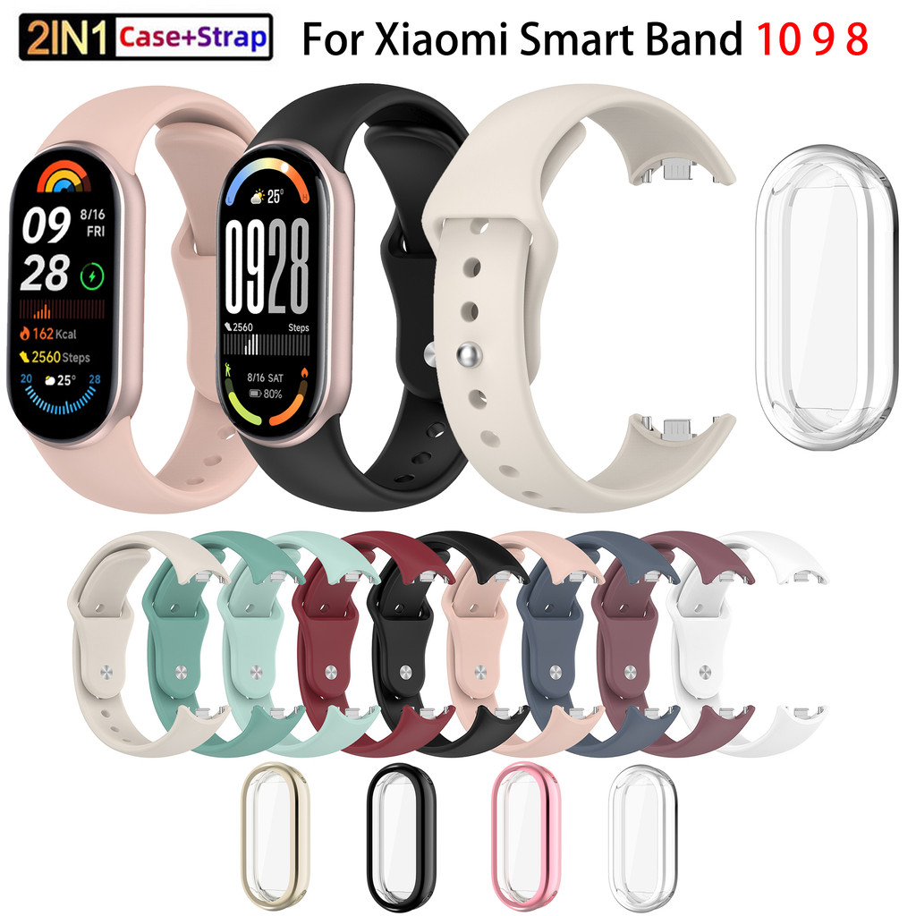 Para Xiaomi Smart Band 10 9 8 NFC Pulseira De Silicone + Capa TPU Mi Pulseiras De Relógio 2 Em 1 Esportiva Macia Banhada