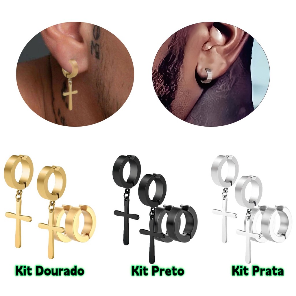 Kit 2 Pares Brincos Pressão Aço Inoxidável | Argola Simples + Argola Cruz | Sem Furo | Dourado / Prata / Preto