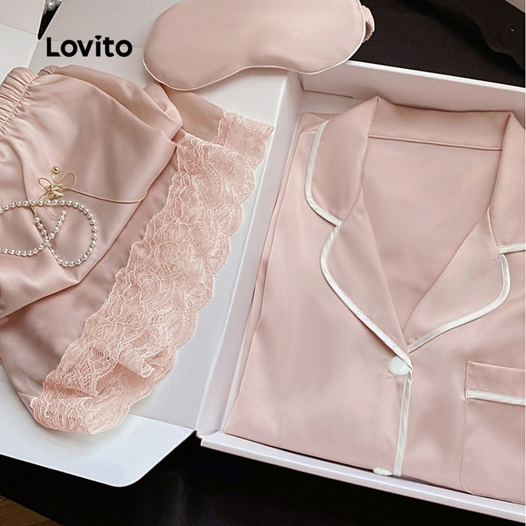 Lovito Conjunto De Pijama Elegante , Com Blocos De Cores, Primavera/Verão, Rosa, Para Mulh...