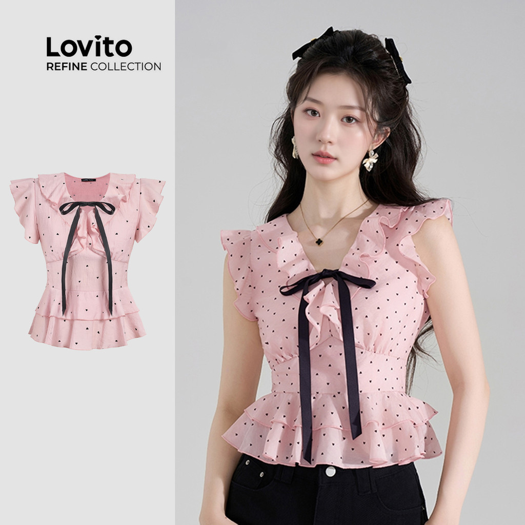 (Lovito Refine) Casual Heartshape Bow Ruffle Hem Drapeado Neck Lace Up Rosa Regata Para Mulheres LR11AD060