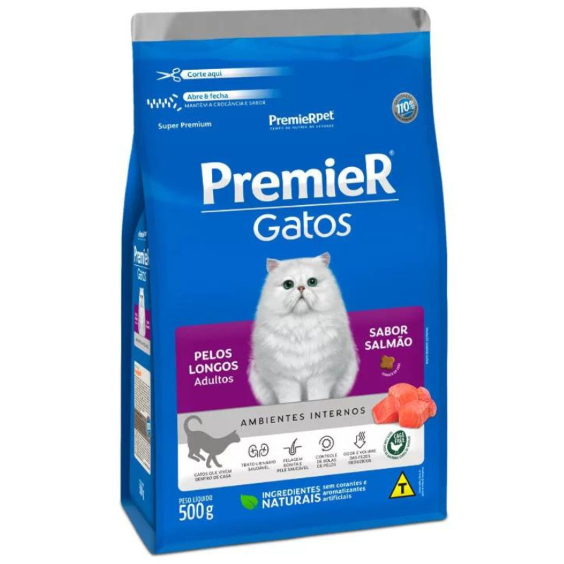 Ração PremieR Ambientes Internos gatos pelos longos adultos salmão 500gr