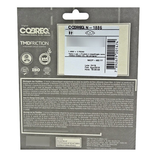 Detalhes do PASTILHA  FREIO DIANTEIRA COBREQ ( N-1886 ) BROS 160 / BIZ 125 2018 CBS / PCX150  2019 DIANTE S/ABS