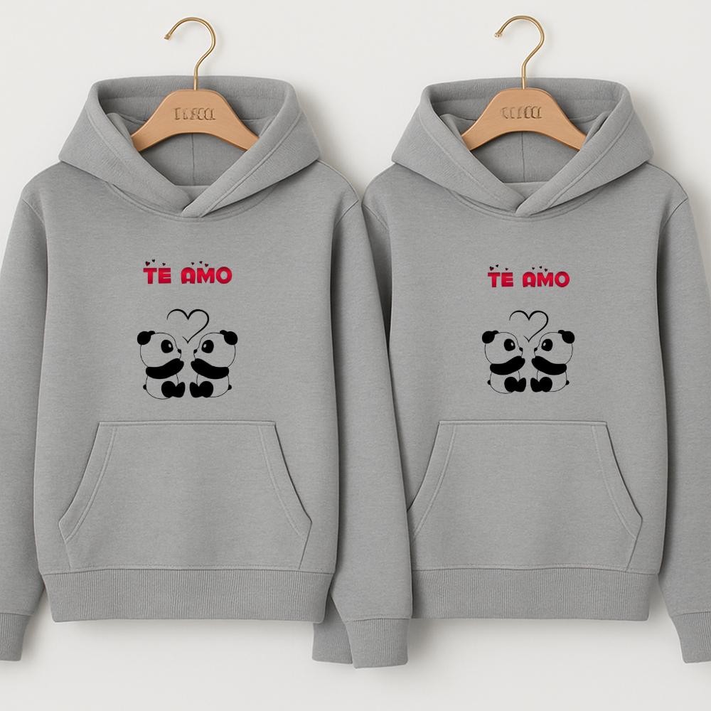 Kit com 2 Moletom Canguru com estampa Panda apaixonada Te Amo Blusa De Frio Amigos Irmão Casais (Venda Separada)