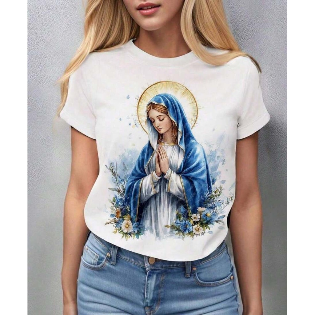 Camiseta Masculina Feminina Oversized Estampa Nossa Senhora Flores Arte Religiosa Streetwear T‑shirt Casual Confortável