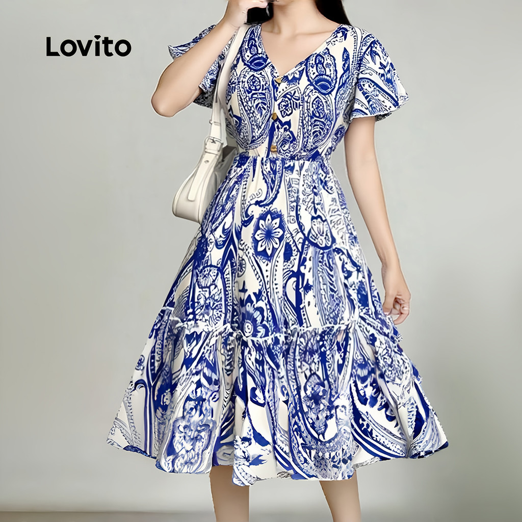 Vestido com babados de manga curta estampado azul com botão frontal-DRB152PBD054 em Oferta na Shopee