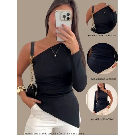 Blusinha Manga Longa Assimétrica Um Ombro Mula Manca Basica Blusa Ribana Elegante Caimento perfeito em Oferta na Shopee