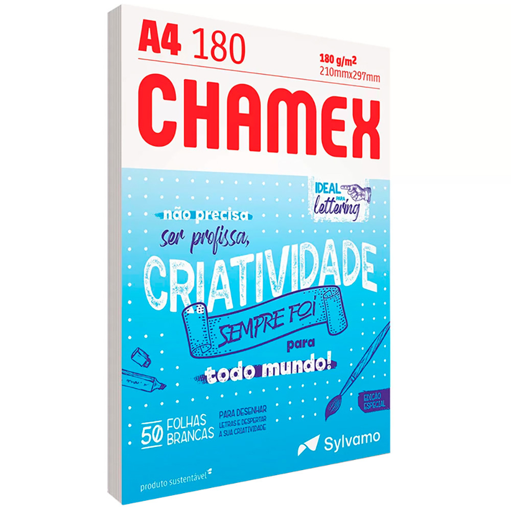 Papel sulfite Lettering A4 180g 210x297 com 50 folhas Chamex em Oferta na Shopee