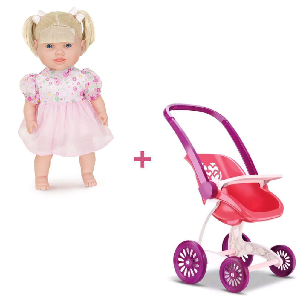Boneca Coleção Athína Cantigas Loira mamadeira magica vinil 43cm com carrinho de passeio 2 em 1