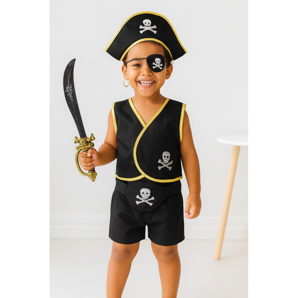 Fantasia Pirata Kit Infantil 6 Peças Completa com Acessórios Festa Carnaval Halloween