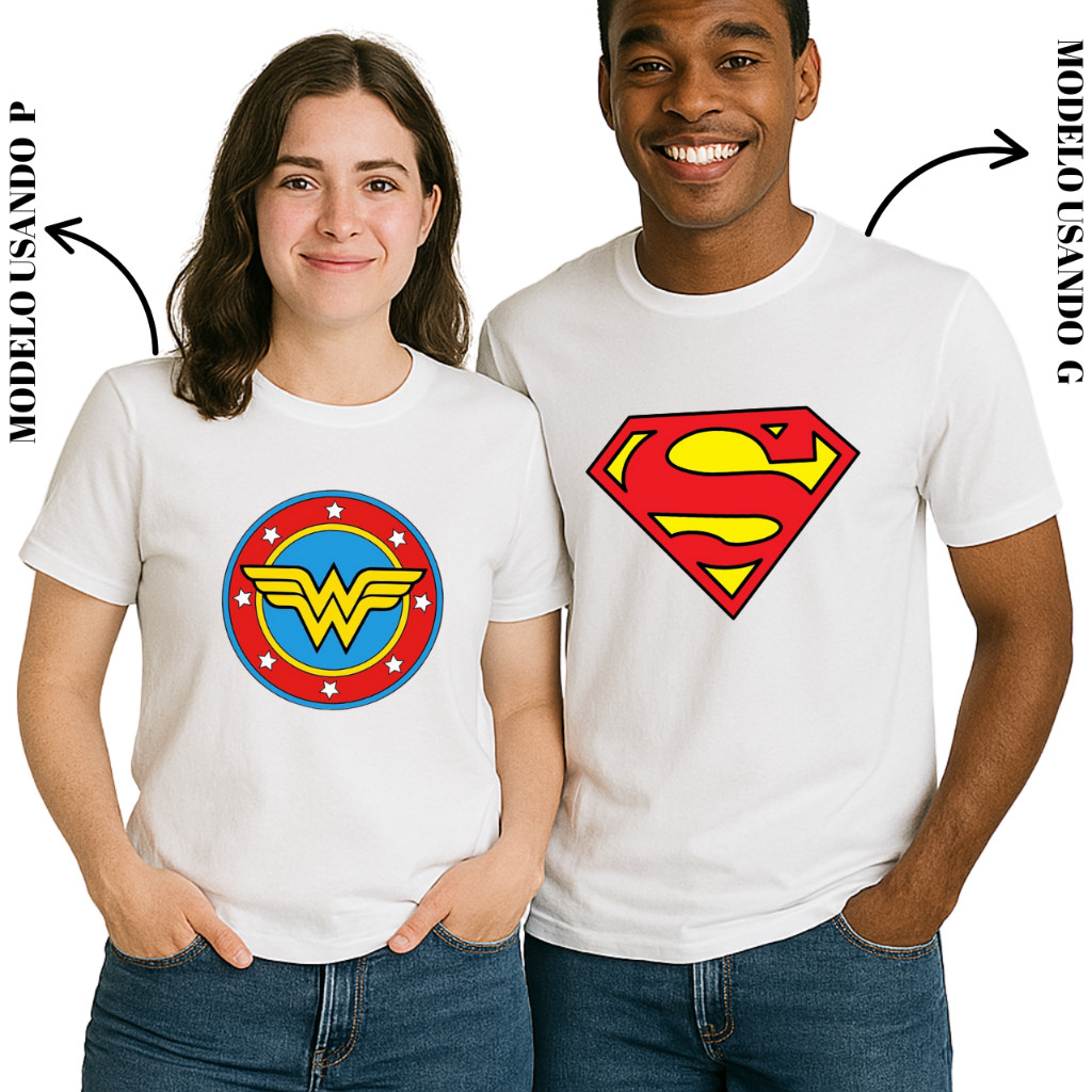 Kit Casal Camiseta Feminina Mulher Maravilha + Camiseta Masculina Superman P ao GG Malha 30.1 Reta