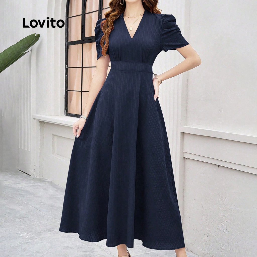 Detalhes do Lovito Vestido Elegante Com Zíper Primavera/verão Azul Escuro Para Mulheres LBL28112