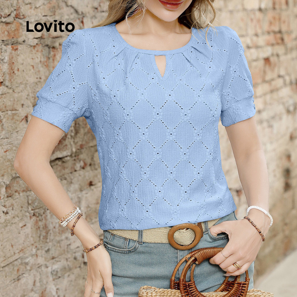 Lovito Blusa Casual de Spring/summer Azul com Pregas e Recortes para mulheres LNE113016 em Oferta na Shopee