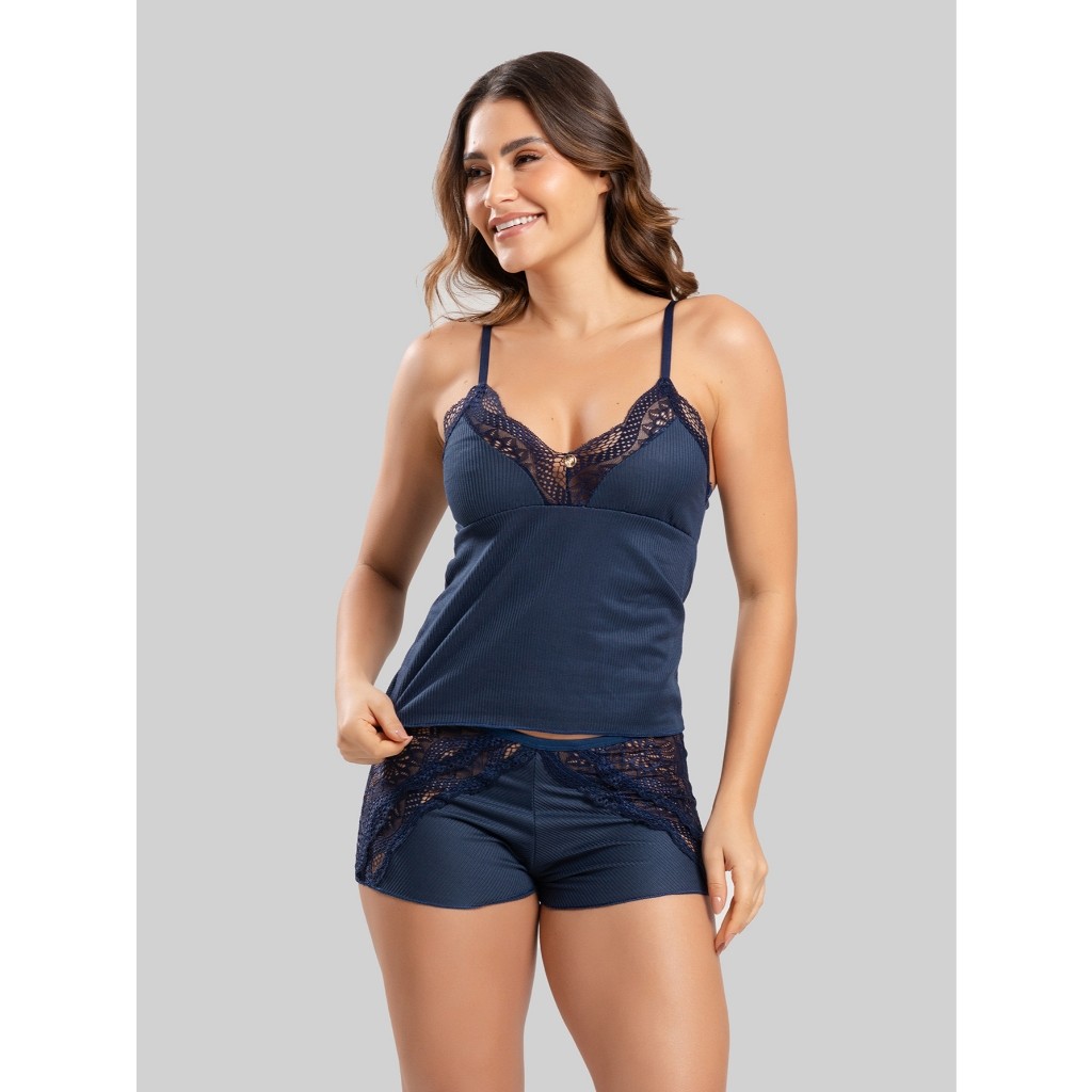 Baby Doll Feminino Maya Pijama Short Doll em Suede Canelado com Renda Leve e Confortável