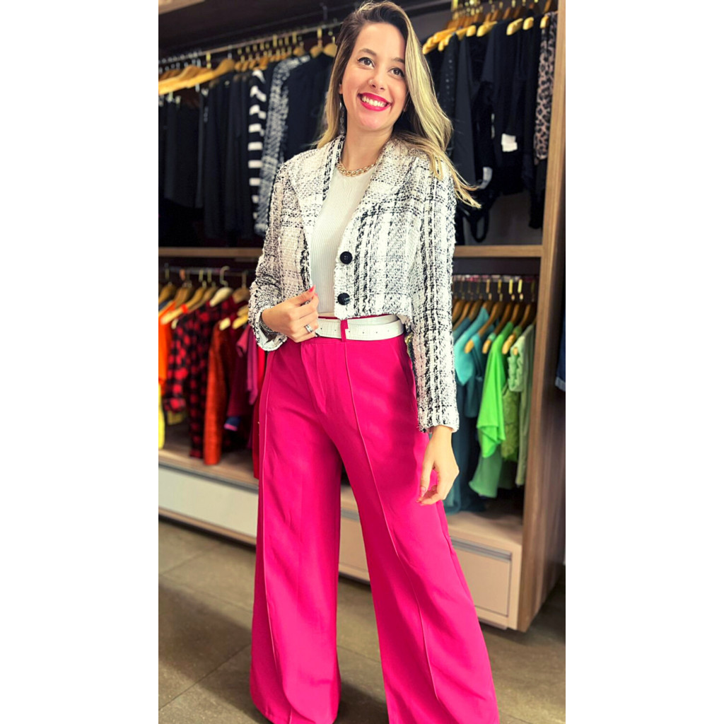 Blazer Cropped em Tweed - Branco/Preto