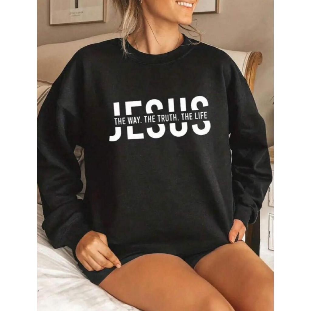 Moletom Feminino Plus Size Gola Careca Preto - "Jesus the way, the truth, the life" Ref !