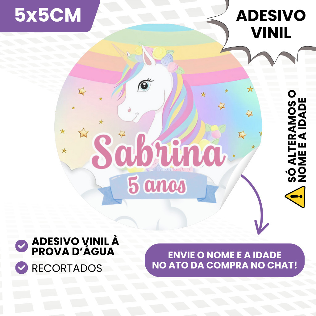 Adesivos Vinil 5x5cm Personalizado Tema Unicórnio para Lembrancinhas de Aniversário Infantil