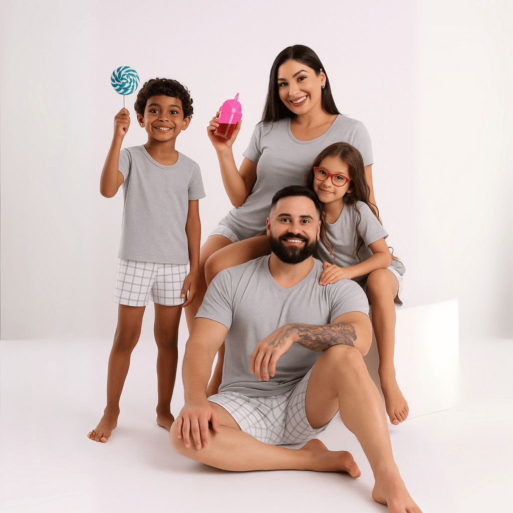 Kit Pijama Familia Combinando Tal Pai Tal Filho & Tal Mãe Tal Filha Xadrez Cinza