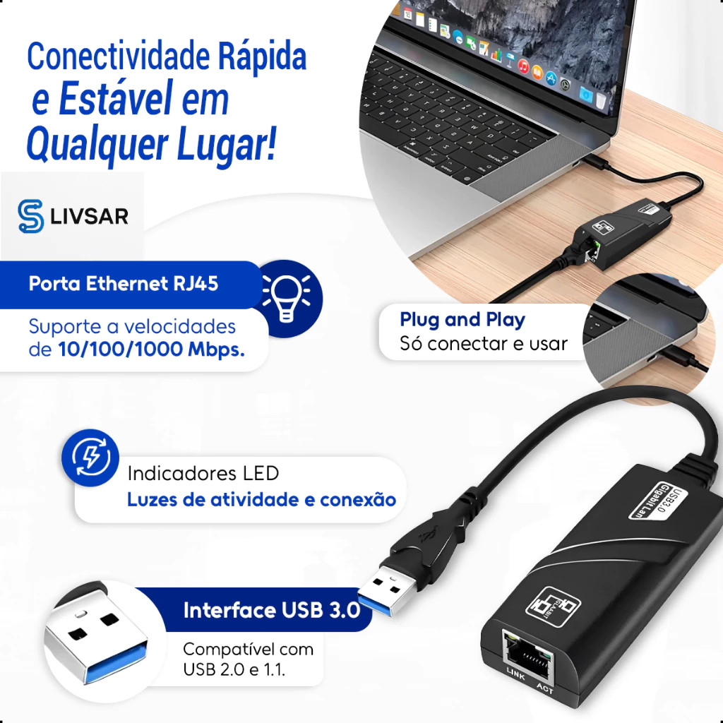 Adaptador de Rede USB 3.0 Type C 3.0 RJ45 Gigabit 1000Mbps Ethernet 10/100/1000 - Computador PC Notebook