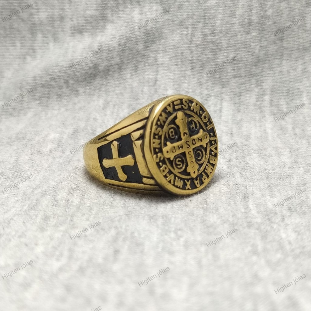 Anel São Bento Medalha Masculino Aço Inox Religioso