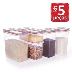 Kit 5 Potes Porta Mantimentos Herméticos Empilháveis Plástico para Geladeira Despensa Armário Borracha Vermelha Plasútil