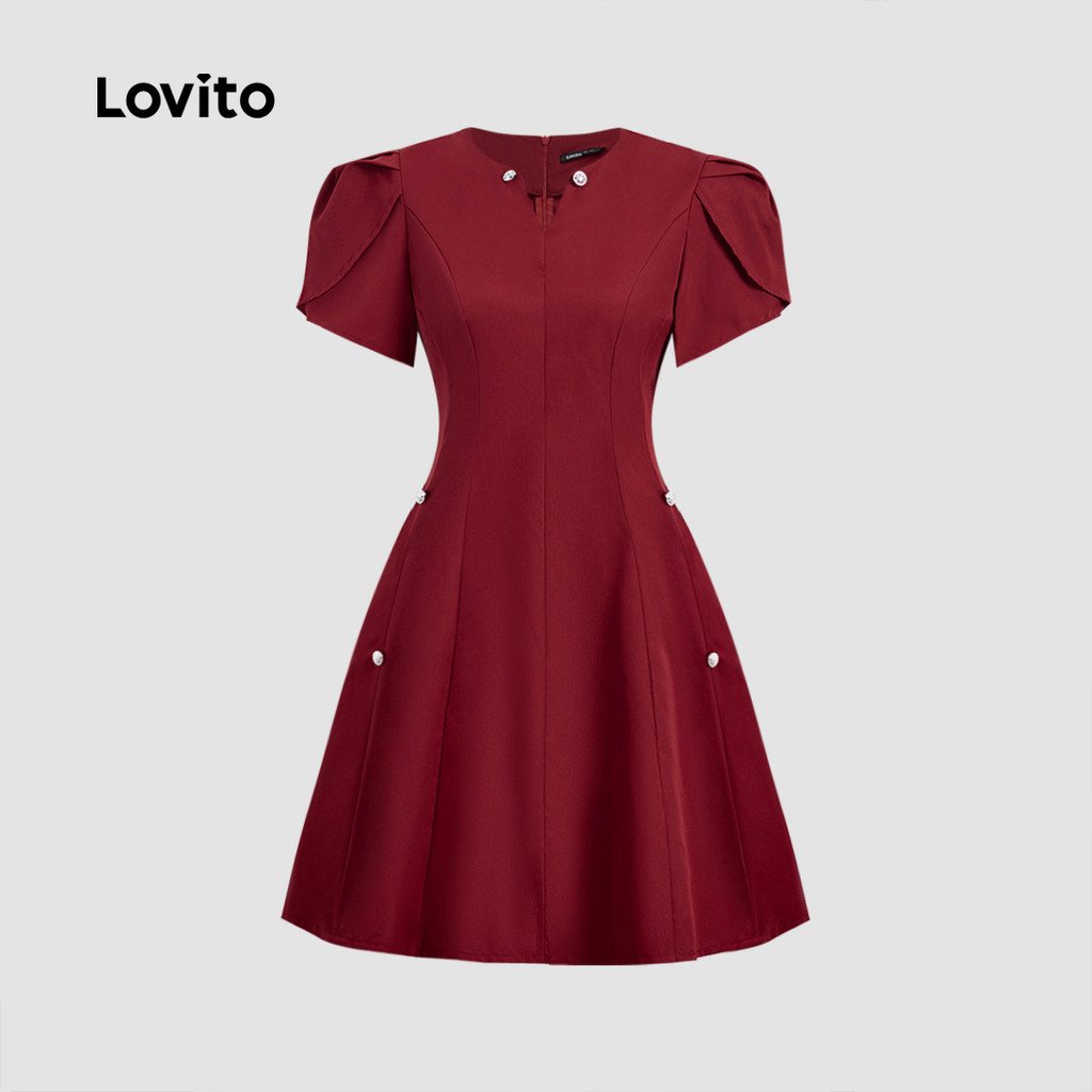 Lovito Vestido Feminino Casual com Botões em Tom Vermelho Vinho para Primavera/Verão L155ED766