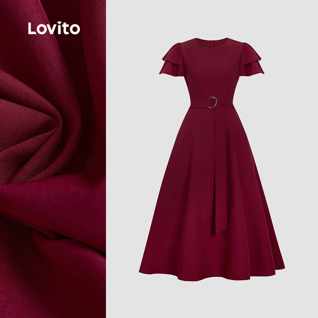(NEW) Lovito Vestido Elegante com Cinto de Dupla Camada Primavera/verão Vinho Tinto para mulheres L155ED434 em Oferta na Shopee