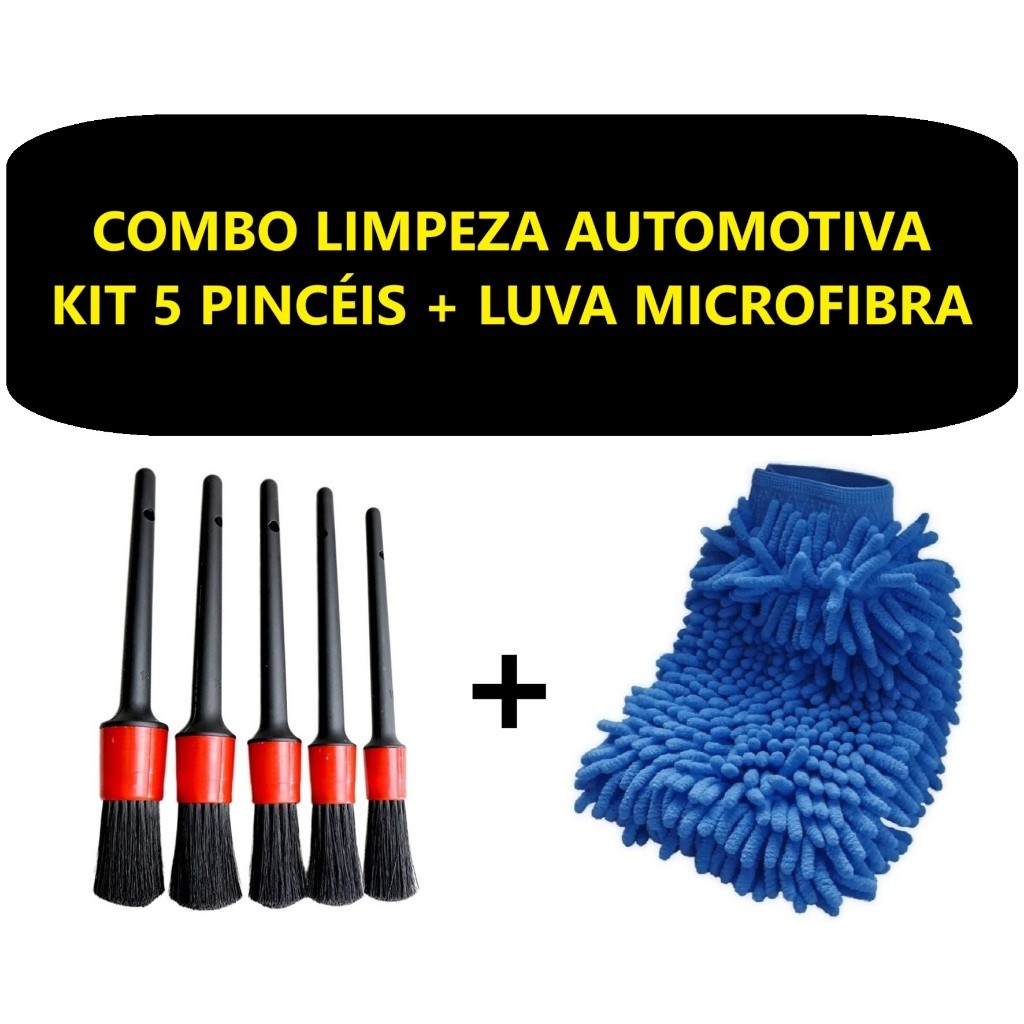 Kit Limpeza Automotiva Pincéis limpeza Automotiva Cinco Tamanhos  + Luva de Lavagem Microfibra