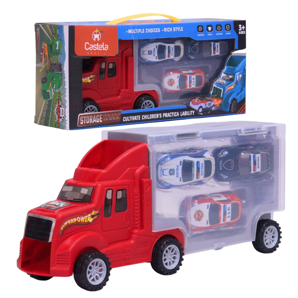 Caminhão Cegonha Vermelho Acompanha 3 Carrinhos Miniatura - Castela